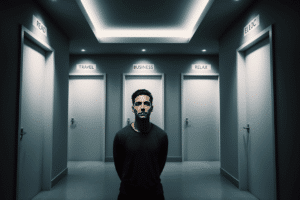 Man facing multiple doors symbolizing FOBO and decision paralysis